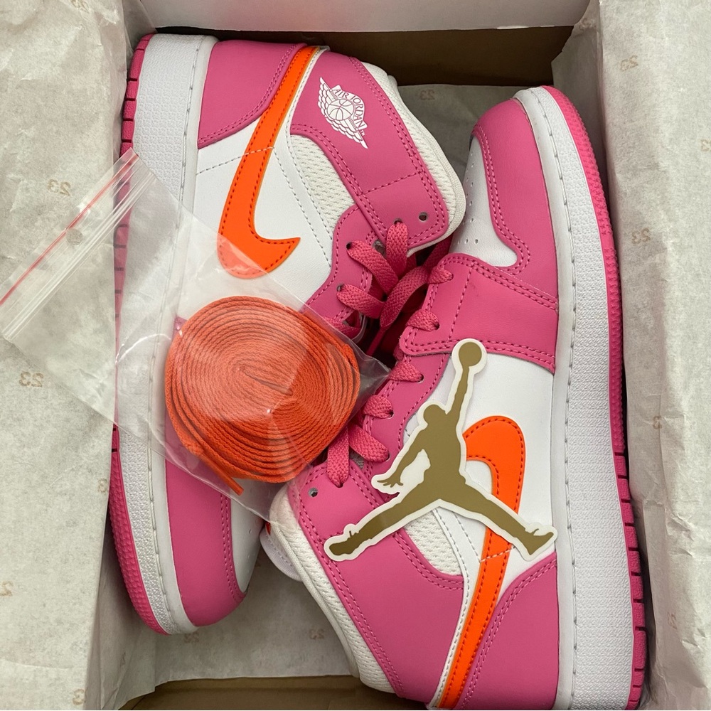 Nike Air Jordan 1 Mid Pinksicle/Safety Orange-White Big Kids 5.5 Women 7